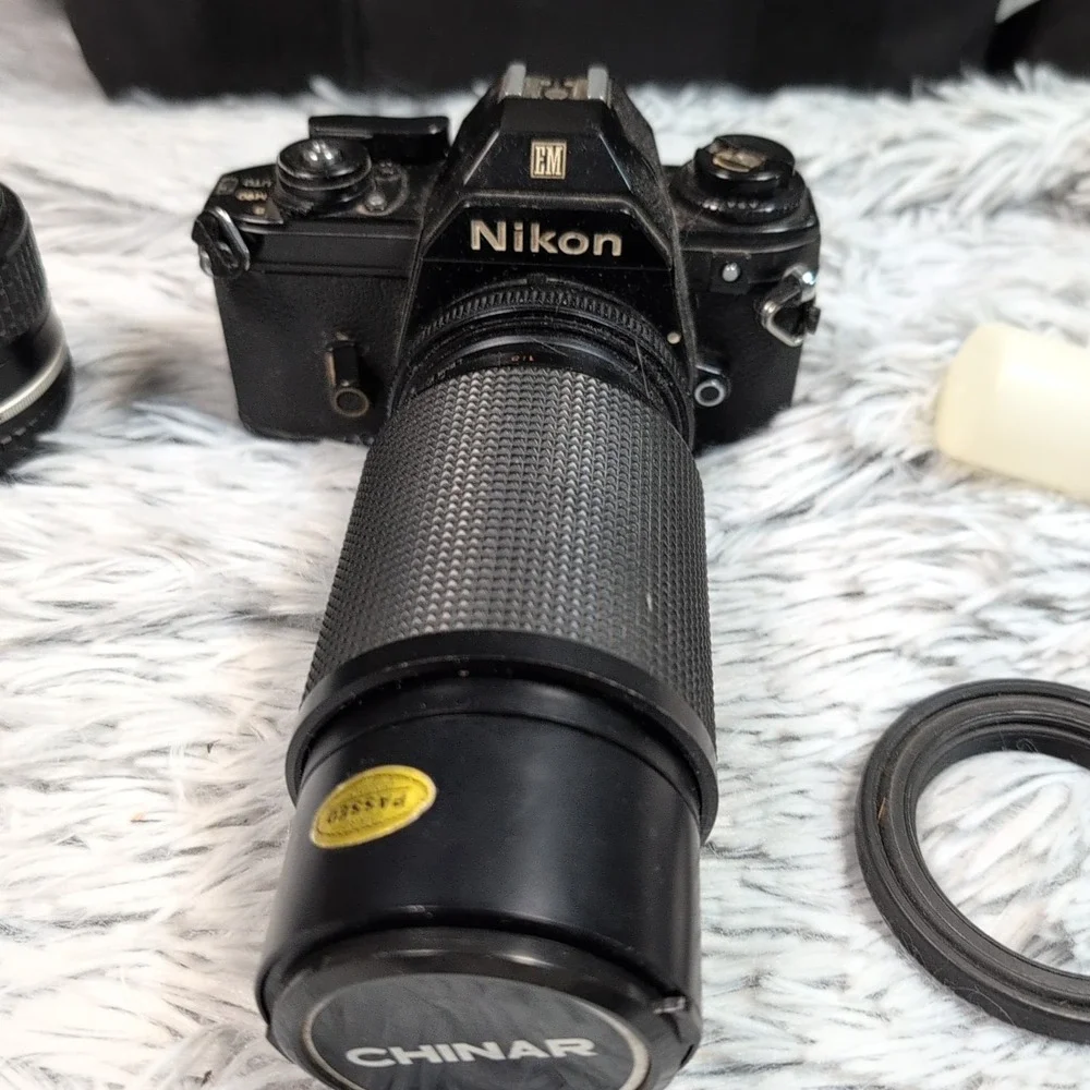 Vintage Nikon EM 35mm Film Camera Multi ‎ Lenses TriStar Filters Case Not Tested